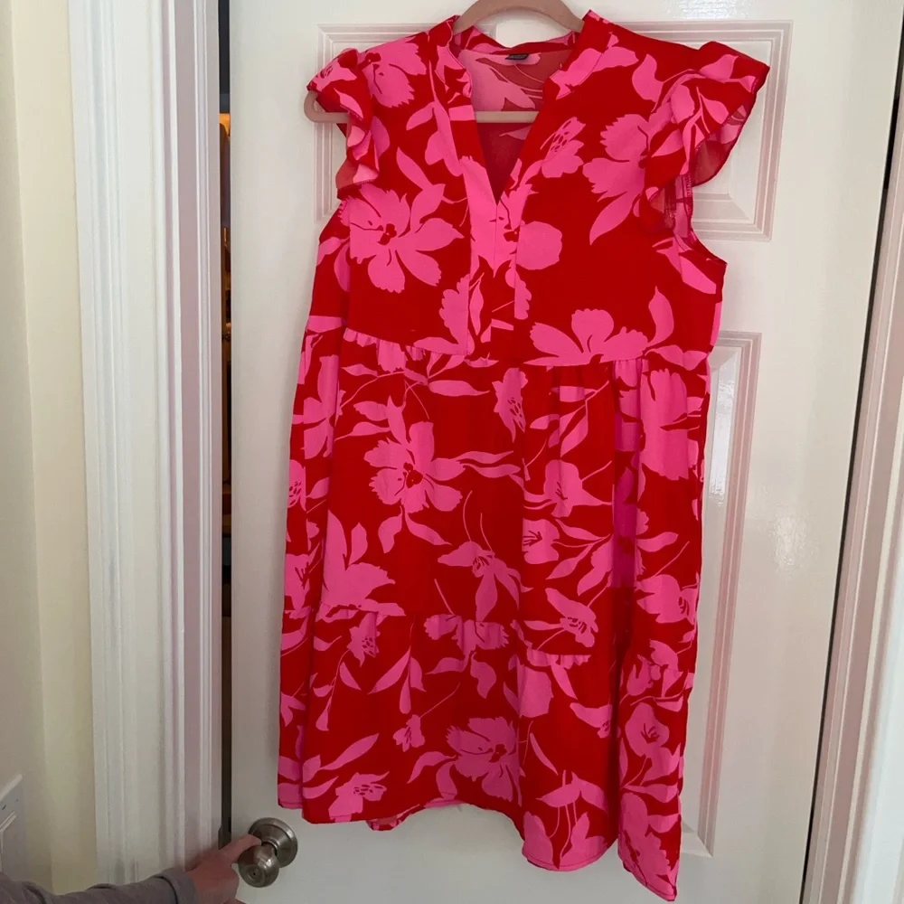 Versatile Flutter Sleeve Red & Pink Floral Resort - Sundress - Party Dress NWOT - Picture 2 of 7
